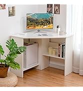 Tangkula White Corner Desk, 90 Degrees Triangle Corner Computer Desk for Small Space, Bedroom Cor...