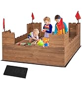 HONEY JOY Sandbox with Sand Wall, Cedar Bottomless Sand Pit for Backyard, 4 Red Flags &amp; Bottom Li...