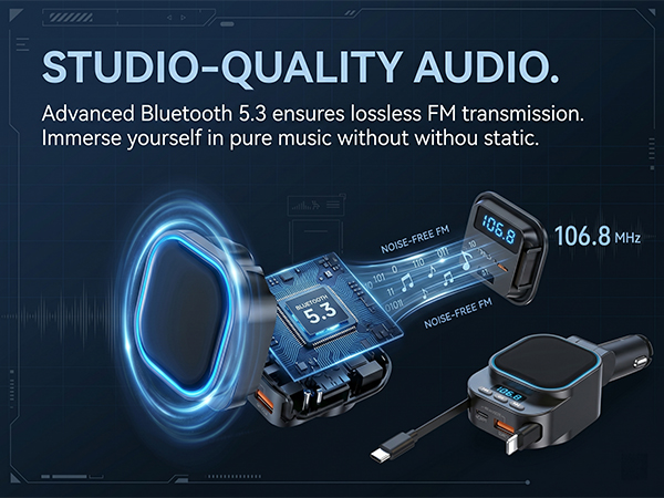 bluetooth 5.3 fm transmitter for car radio noise cancellation lossless audio receiver