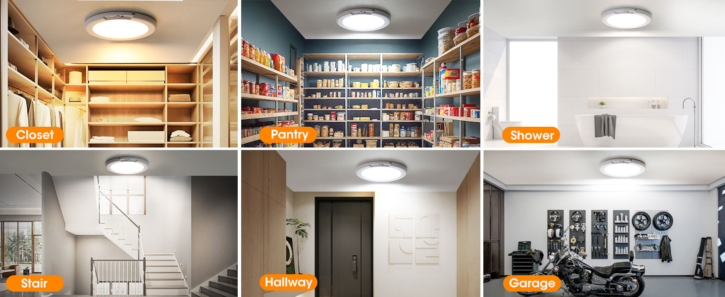 Collage of six interior spaces showing storage solutions and lighting, featuring bookshelves, closets, and workout areas with ceiling-mounted lights.