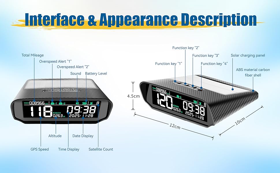 Wireless Heads Up Display for Cars Solar GPS Digital Speedometer