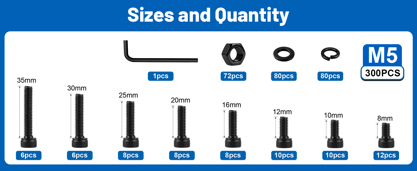 DFDU 300PCS 12.9 Grade Alloy Steel M5 Hex Socket Head Bolts Assortment Kit