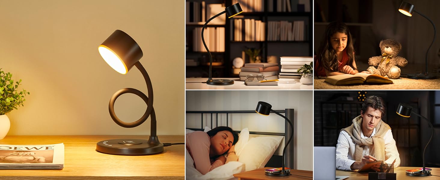 LED Desk Lamp with USB Charging Port Wireless Charger Small Lamp for College Dorm Room Home Office