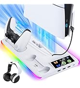 BRHE PS5 Slim Stand and Cooling Station,RGB PS5 Controller Charging Station for PlayStation 5 Sli...