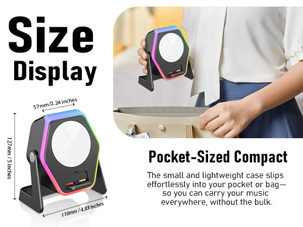 Text reads 'Size Display Pocket-Sized Compact'. Product demonstration showing various carrying positions and uses of a compact bag or case.