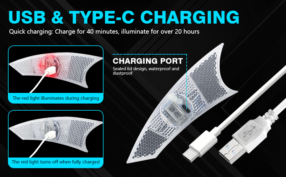 Text reads 'USB &amp; TYPE-C CHARGING.' Technical diagram showing charging port specifications with blue accent graphics.