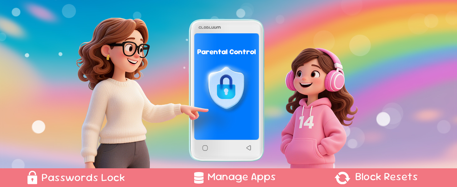 Kids’ MP3 player with parental controls, password lock, app management, and reset blocking