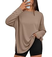 Trendy Queen Womens Oversized Side Slit Long Sleeve Shirts Fall Tops | Workout Gym Clothes, Y2K C...