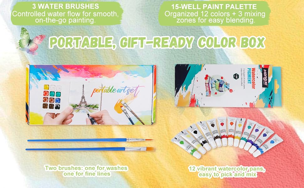 Portable, gift-ready watercolor paint set with vibrant colors and compact packaging.
