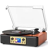 Bluetooth Record Player with Built-in Speakers, USB to PC Recording, 3-Speed Belt-Drive Vintage T...