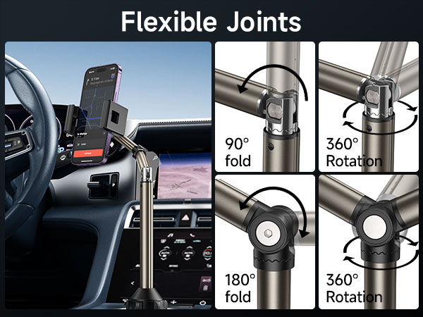 Adjustable car phone mount system showing four joint configurations: 90-degree fold, 360-degree rotation, 180-degree fold, and additional 360-degree rotation options.