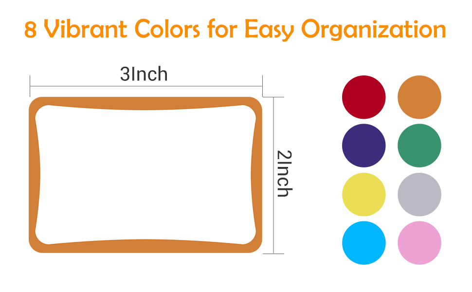 8 vibrant colors for easy organization and the size of each label is 3x2