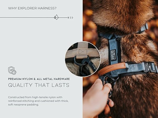 Educational slide about Explorer Harness premium nylon and metal hardware