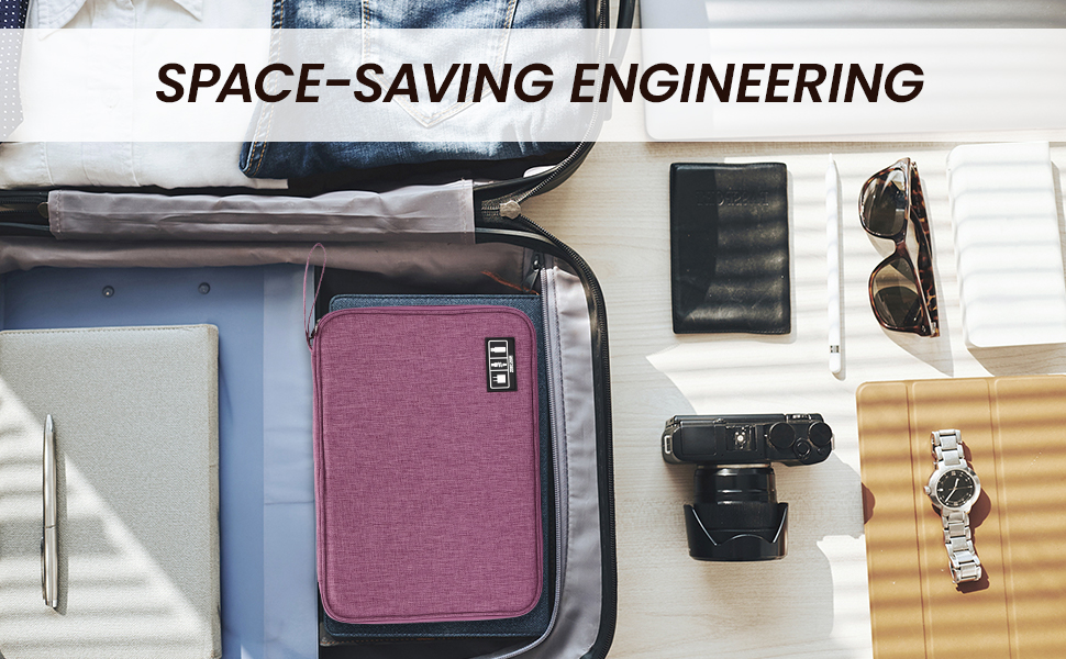 Flat tech pouch packed inside a carry-on suitcase for space saving efficiency.