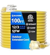 islewire 12 Gauge Outdoor Extension Cord 100 FT Waterproof, 3 Prong Plug, SJTW Heavy Duty 15A 187...