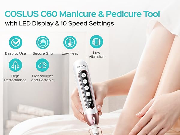 COSLUS C60 Manicure &amp;amp; Pedicure Tool with LED Display &amp;amp; 10 Speed Settings