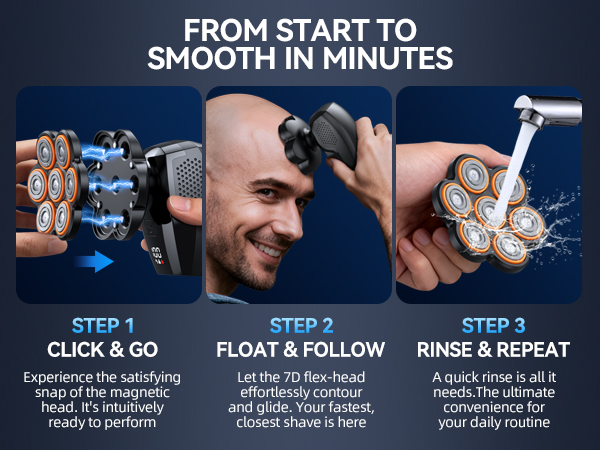 Three simple steps to use magnetic bald head shaver: install, shave and rinse