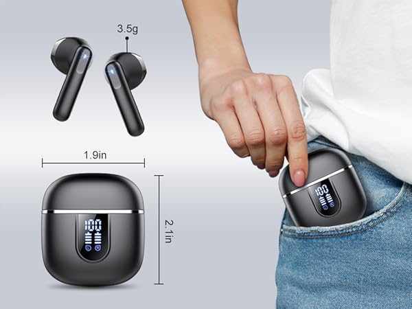 Black wireless earbuds or headphones with charging case, shown with dimensional measurements and person demonstrating pocket placement.