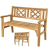 Tangkula Folding Outdoor Wood Garden Bench, Foldable Acacia Wood Patio Bench with Wide Curved Arm...