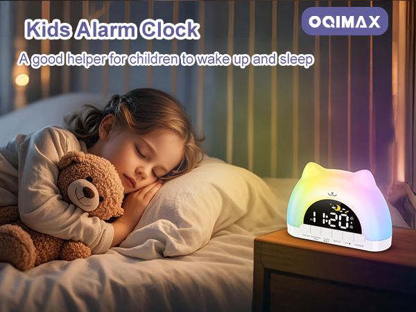 OQIMAX Kids Alarm Clock with color-changing light, displaying time. Child sleeping with teddy bear. Product described as helper for children's sleep routines.