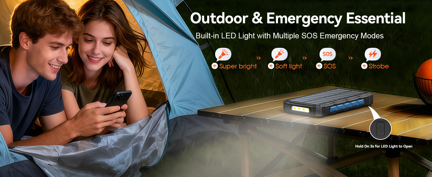 Solar charger Power Bank Built-in LED light with Multiple SOS Emergency Modes