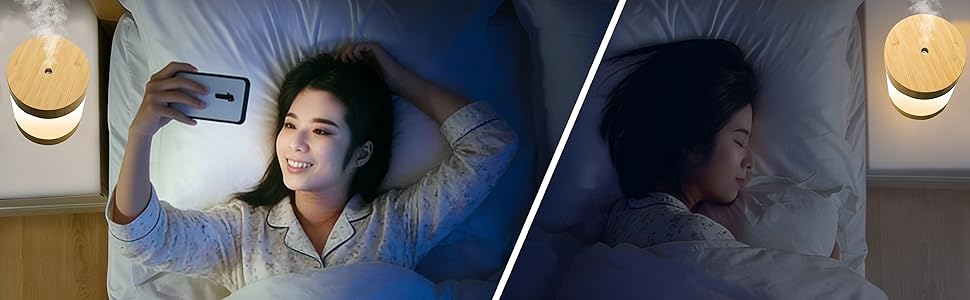 Image showing the night light function of a bamboo humidifier used in a bedroom.