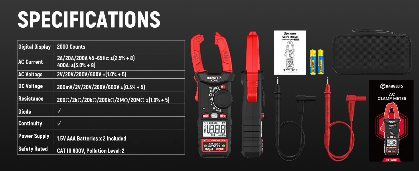 Text reads 'SPECIFICATIONS' followed by technical details for a digital multimeter device. Image shows red and black testing probes and digital display unit with measurement capabilities.