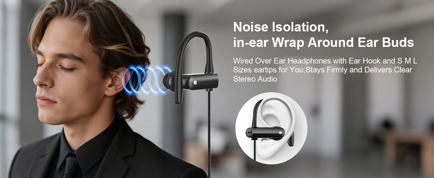 Open Ear Headset Wired 3.5mm jack Sport Earphone with Microphone Volume Control Earhook