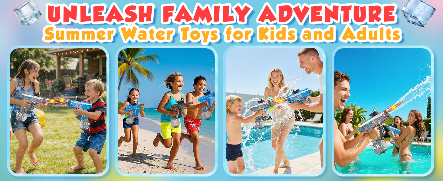 Long range squirt gun for adults and kids shooting up to 32 feet in swimming pool summer games.