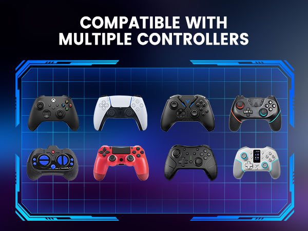 Text reads 'COMPATIBLE WITH MULTIPLE CONTROLLERS'. Gaming controller compatibility showcase displaying various controller silhouettes against blue technological background.