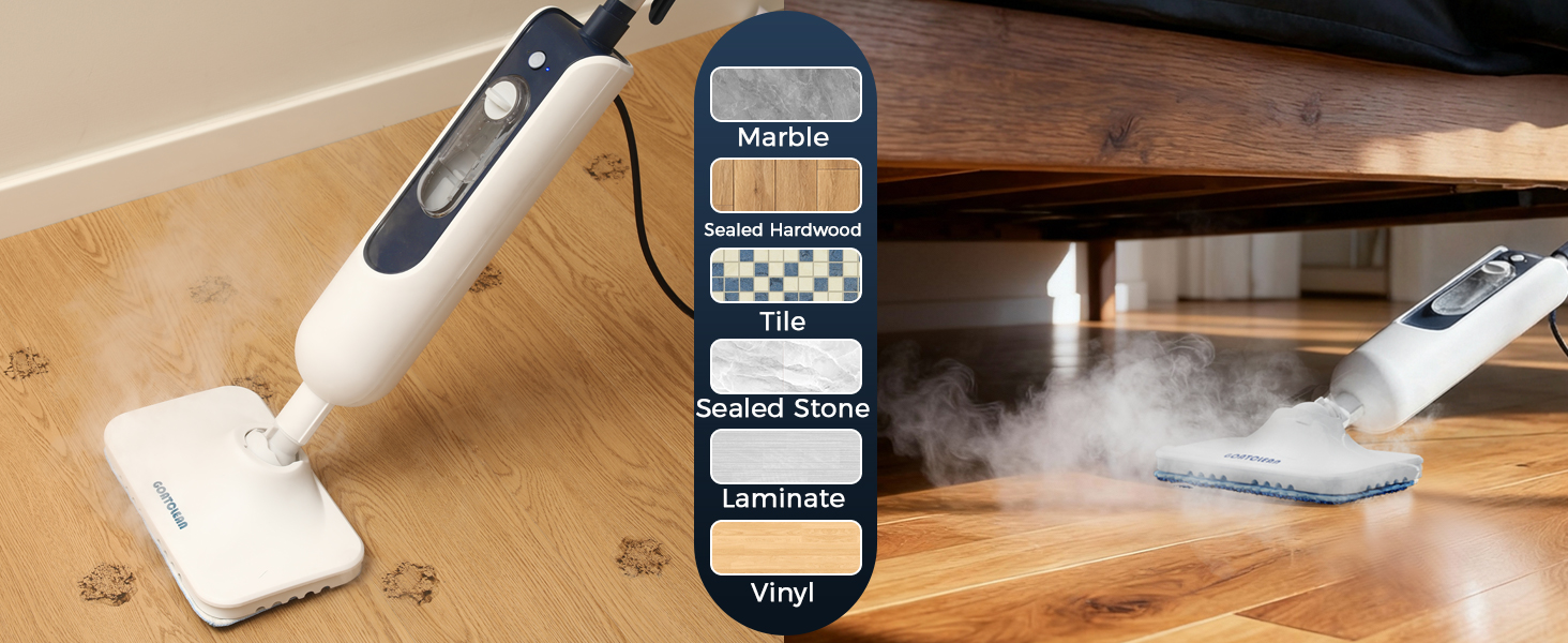 The steam mop can work on different surfaces, such as marble, sealed hardwood, tile, vinyl, laminate