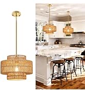 Phaosio 12.4” Boho Rattan Chandelier, Hand Woven Pendant Light Fixture, 1-Light Farmhouse Hanging...