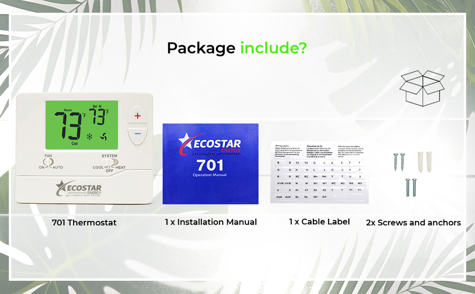 Package includes 701 thermostat, manual, cable label, screws, and wall anchors.