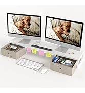 Dual Monitor Stand Riser with 2 Drawers - 39Inch Large Storage Computer Monitor Stands for 2 Moni...