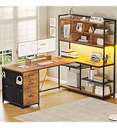 SEDETA L Shaped Computer Desk, 58'' Office Desk with 3 Drawers and Bookshelf, L Shaped Corner Des...