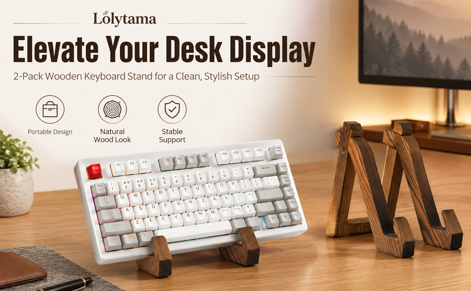 Lolytama 2 Pack wooden keyboard stand for compact mechanical keyboard display on desk.