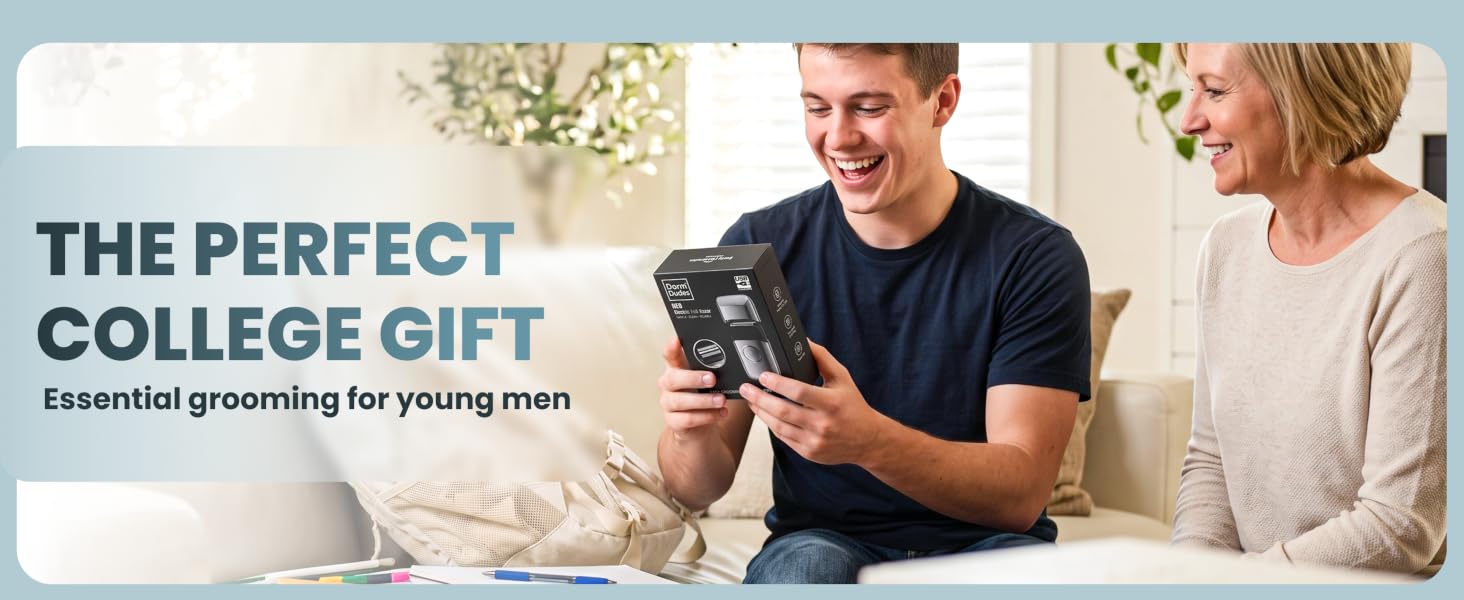 A young man happy about his mother giving him an electric razor as a gift