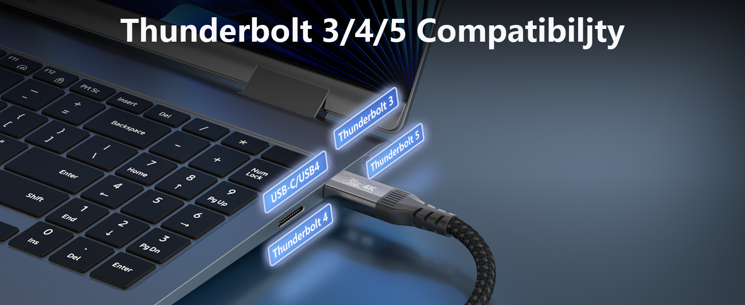 Text reads 'Thunderbolt 3/4/5 Compatibility'. Close-up of laptop keyboard with illuminated ports and connection interface.