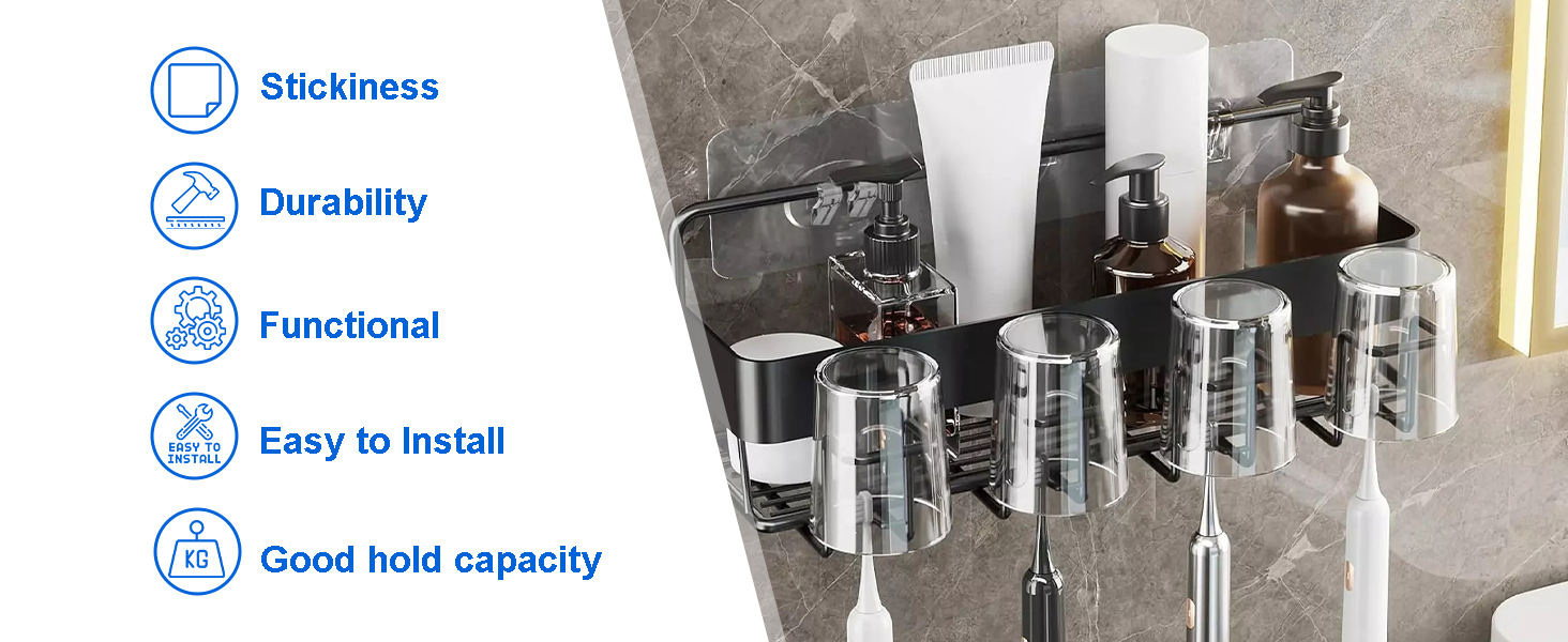 Black adhesive shower caddy with cups and bottles — sticky, durable, easy to install