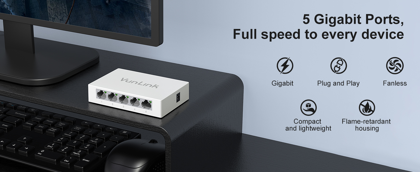 VunLink 5-Port Gigabit Unmanaged Ethernet Switch