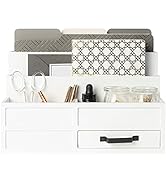 BLU MONACO White Desktop Organizer with Drawer &amp; Pen Holder - Home Countertop Storage - Paper Woo...