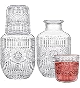Kingrol 4-Piece Glass Bedside Carafe and Tumbler Set - 18 oz Water Pitcher &amp; 5 oz Cup, Elegant Ni...