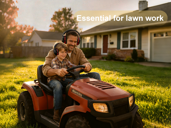 Text reads 'essential for lawn work'. Man in casual clothing sitting on red and orange riding lawn mower on grassy residential yard with house in background.