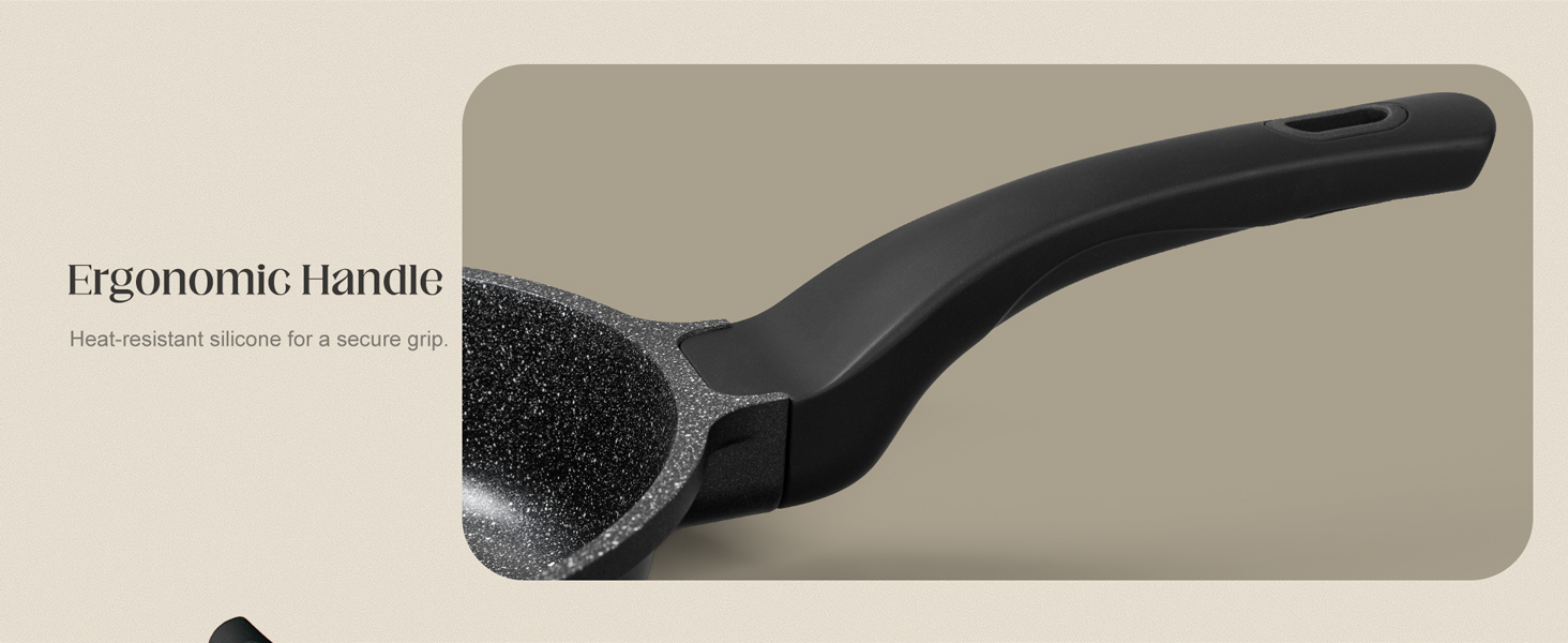 nonstick frying pan with silicone handle, ease of cleaning, works well on all cooktops, durable