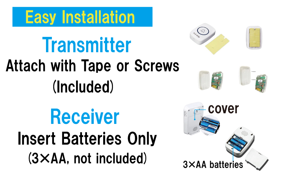 AZ4U wireless doorbell easy installation with tape or screws and AA battery receivers
