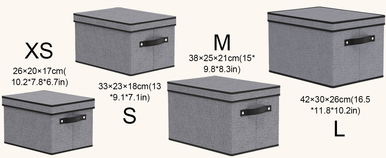 Text reads 'XS', 'S', 'M'. Grey storage boxes shown in different sizes with measurements listed for each size option.