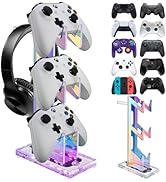 NiHome Iridescent Acrylic Multi-Tier Game Controller &amp; Headset Holder Stand with Customizable LED...