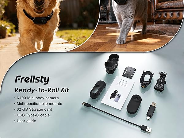 Text includes '32 GB storage card' and 'USB Type-C cable'. Action camera product showcase with multiple accessories and mounting options displayed.