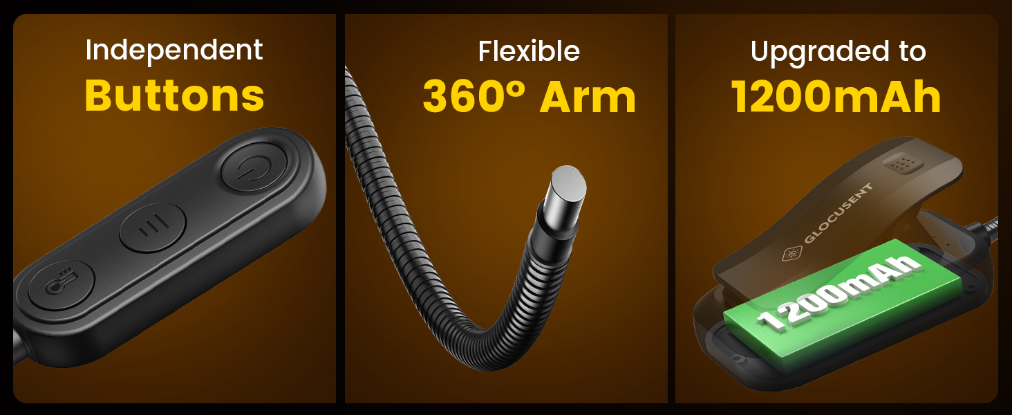 independent buttons, flexible 360° arm, 1200 mAh