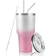 30 oz Tumbler Pink Glitter Gradient Cup Stainless Steel Double Wall Vacuum Insulated Mug with Str...